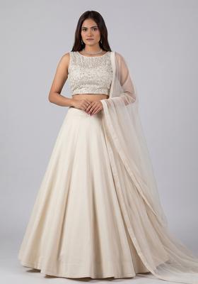 Off White Embroidered Net Lehenga Set