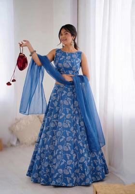 Royal Blue Printed Organza Lehenga Set