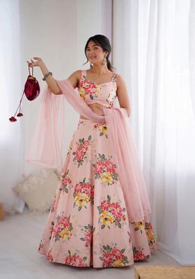 Light Pink Printed Organza Lehenga Set