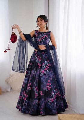 Navy Blue Printed Organza Lehenga Set