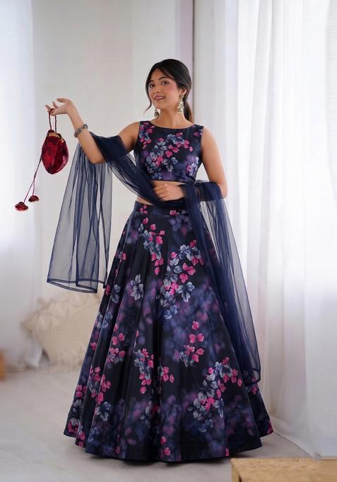 Navy Blue Printed Organza Lehenga Set