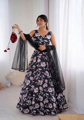 Black Printed Organza Lehenga Set