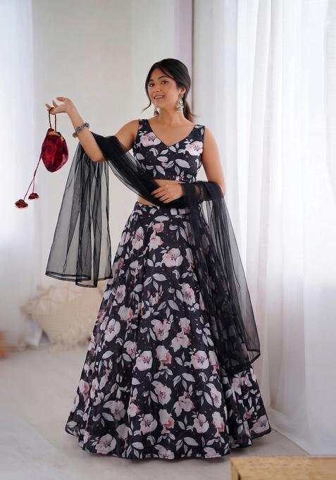 Black Printed Organza Lehenga Set