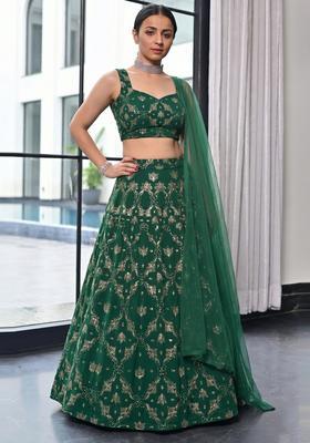 Bottle Green Embroidered Georgette Lehenga Set