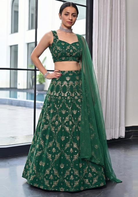 Bottle Green Embroidered Georgette Lehenga Set