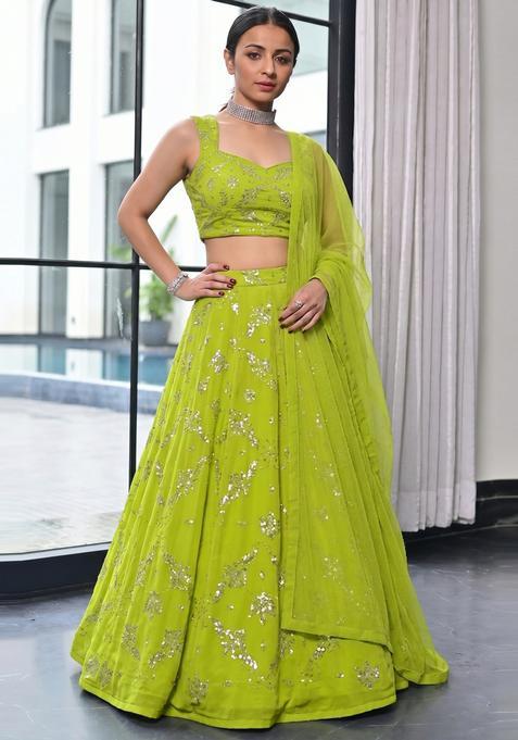 Lime Green Sequin Georgette Lehenga Set