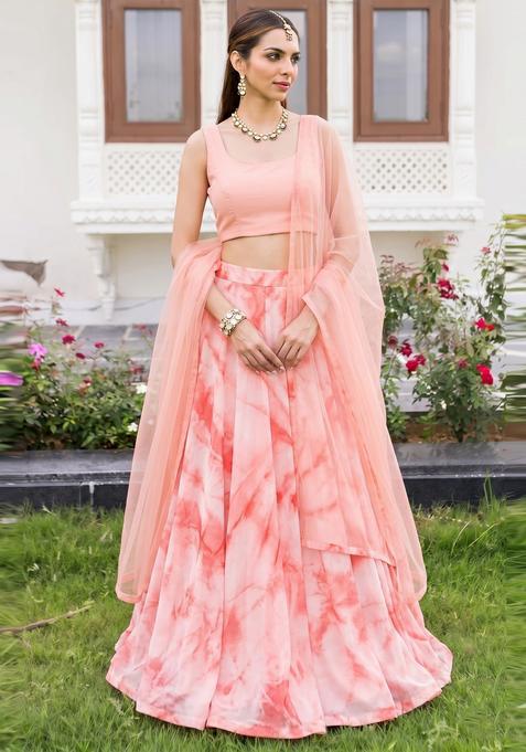 Peach Solid Georgette Lehenga Set
