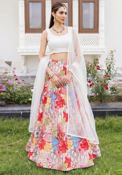 White Solid Georgette Lehenga Set