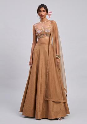 Beige Printed Crepe Lehenga Set