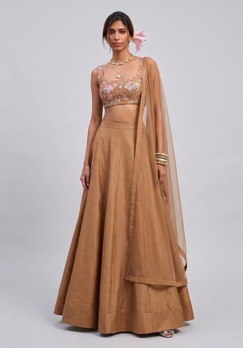 Beige Printed Crepe Lehenga Set