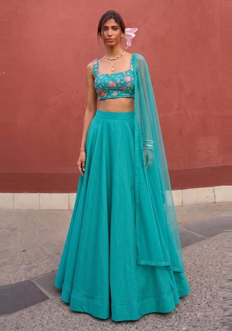 Teal Blue Printed Crepe Lehenga Set