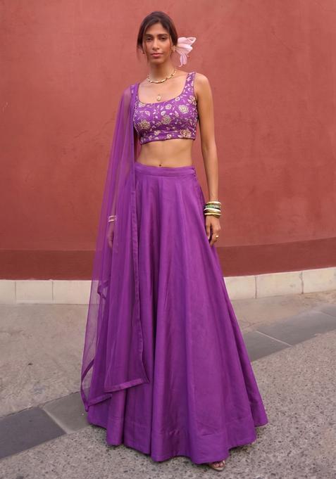 Purple Printed Crepe Lehenga Set