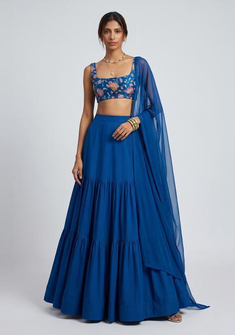 Royal Blue Printed Crepe Lehenga Set
