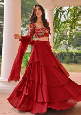Red Printed Silk Blend Lehenga Set