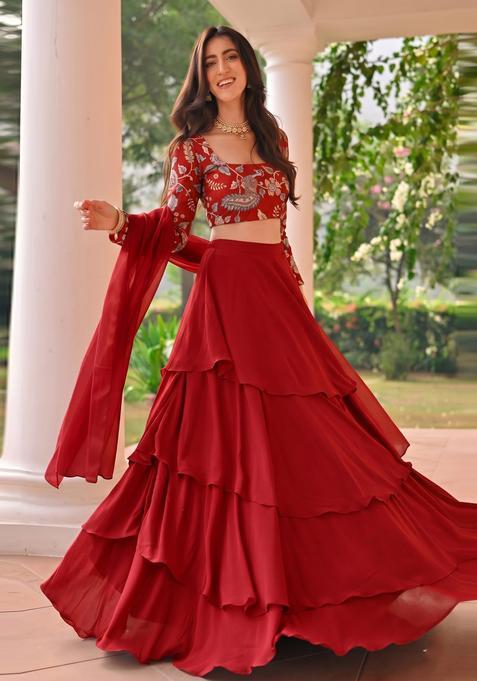 Red Printed Silk Lehenga Set