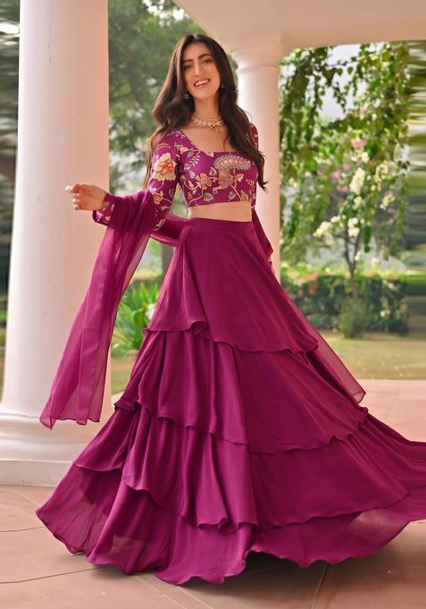 Magenta Printed Silk Lehenga Set