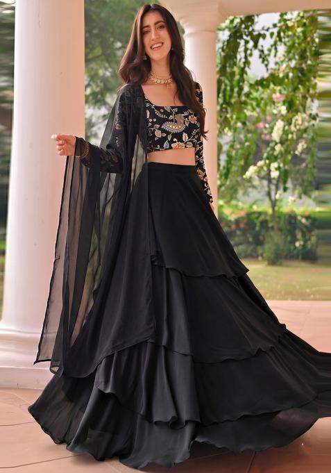 Black Printed Silk Lehenga Set