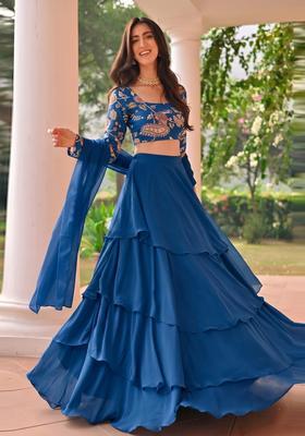 Royal Blue Printed Silk Blend Lehenga Set