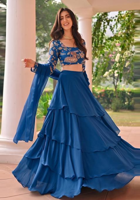 Royal Blue Printed Silk Lehenga Set