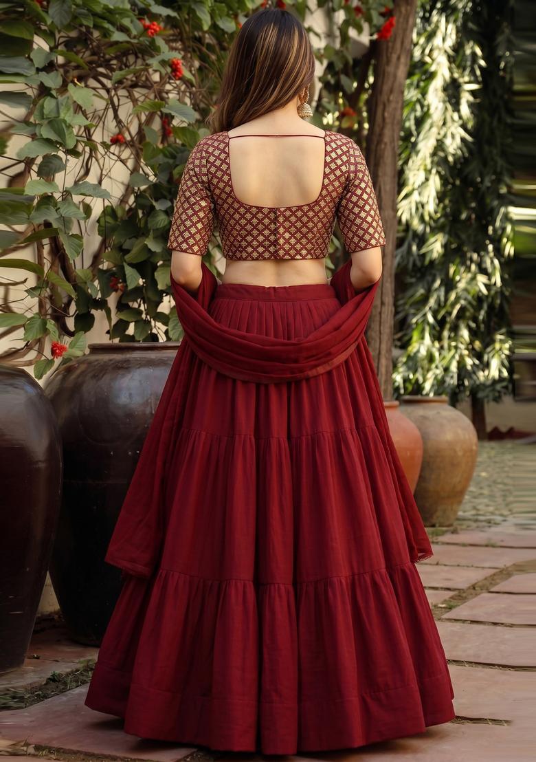 Maroon Mirror Lehenga Set - Indya