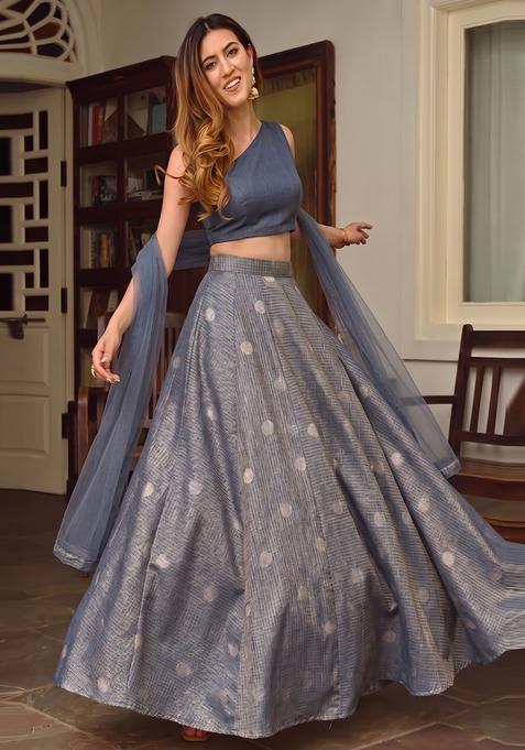 Steel Blue Solid Silk Lehenga Set