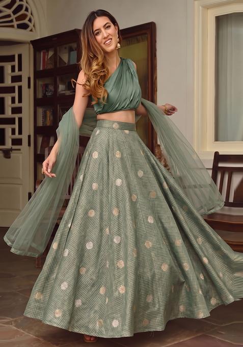 Sage Green Solid Silk Lehenga Set