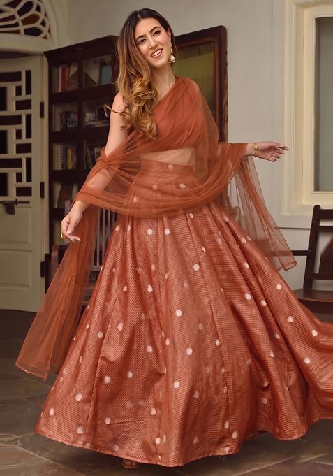 Rust Solid Silk Lehenga Set