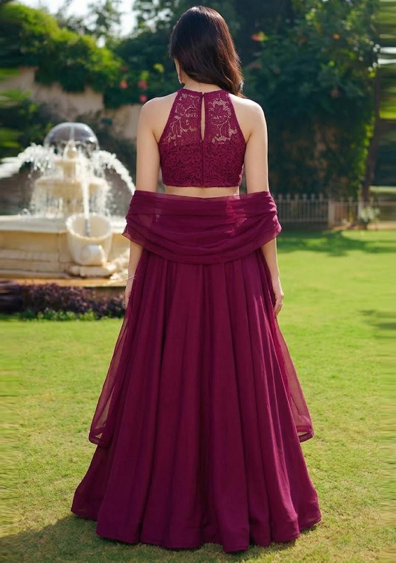 Wine Embroidered Chanderi Lehenga Set - Indya