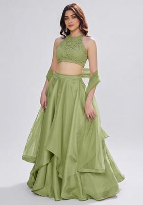 Pastel Green Embroidered Chanderi Lehenga Set