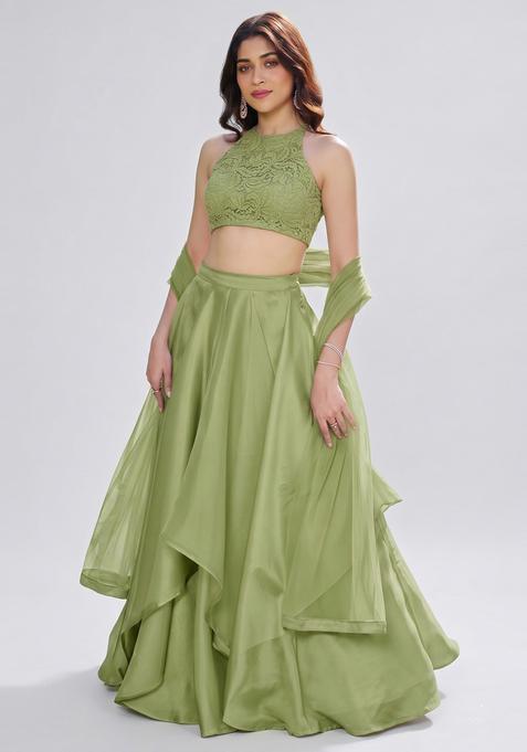 Pastel Green Embroidered Chanderi Lehenga Set