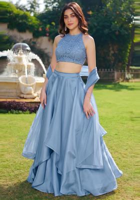Pastel Blue Embroidered Chanderi Lehenga Set