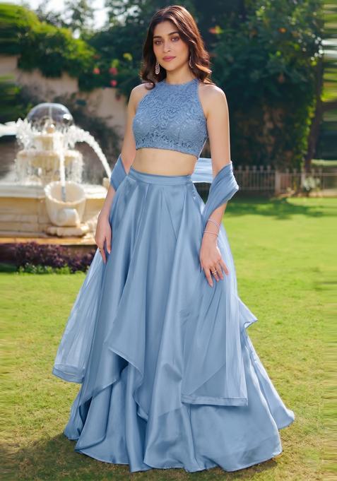 Pastel Blue Embroidered Chanderi Lehenga Set