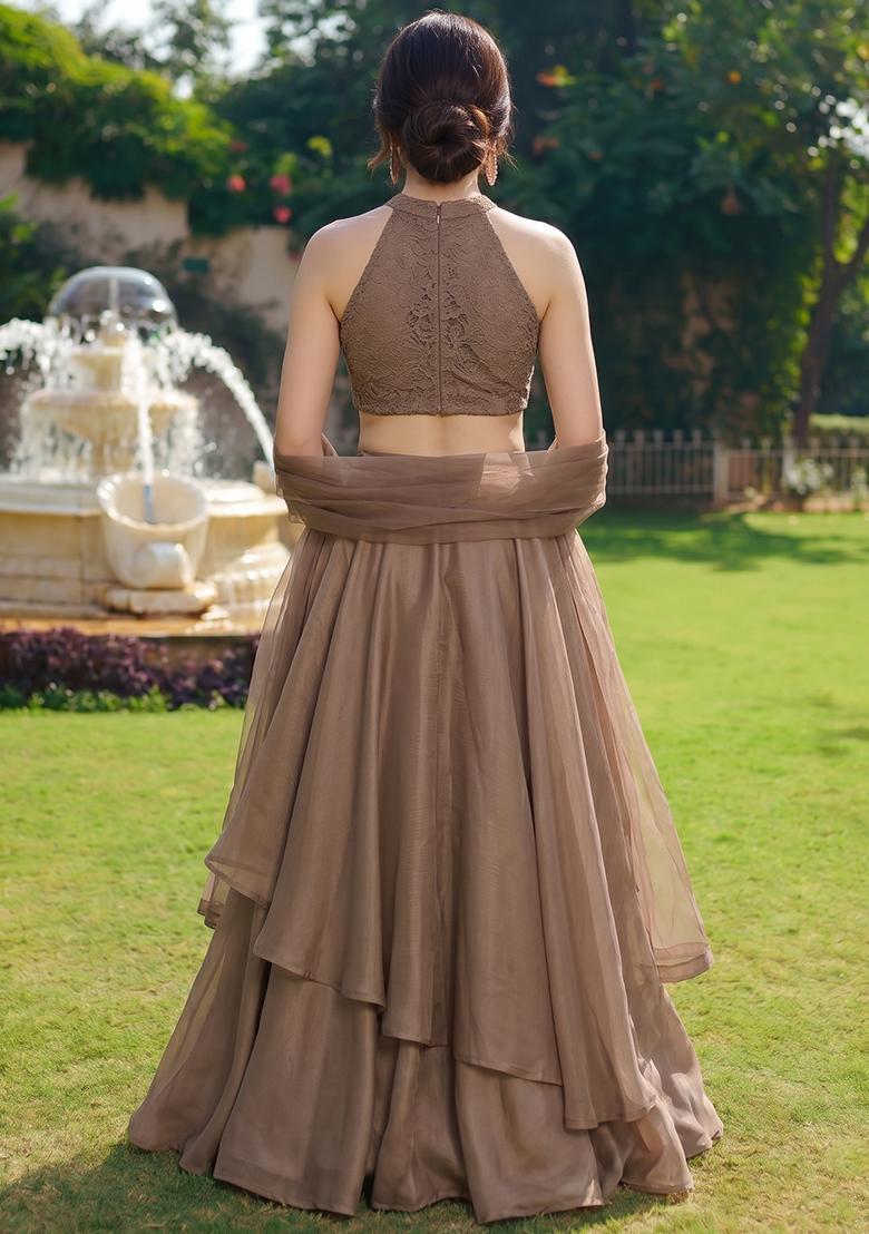 Brown Embroidered Chanderi Lehenga Set - Indya