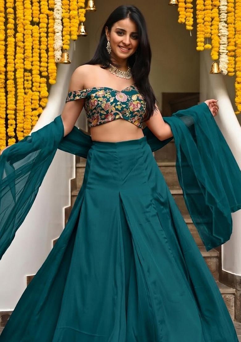 Teal Embroidered Silk Blend Lehenga Set - Indya