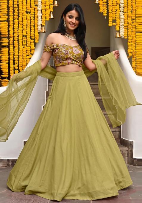 Pastel Green Embroidered Silk Lehenga Set