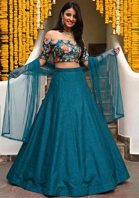 Teal Blue Printed Silk Blend Lehenga Set