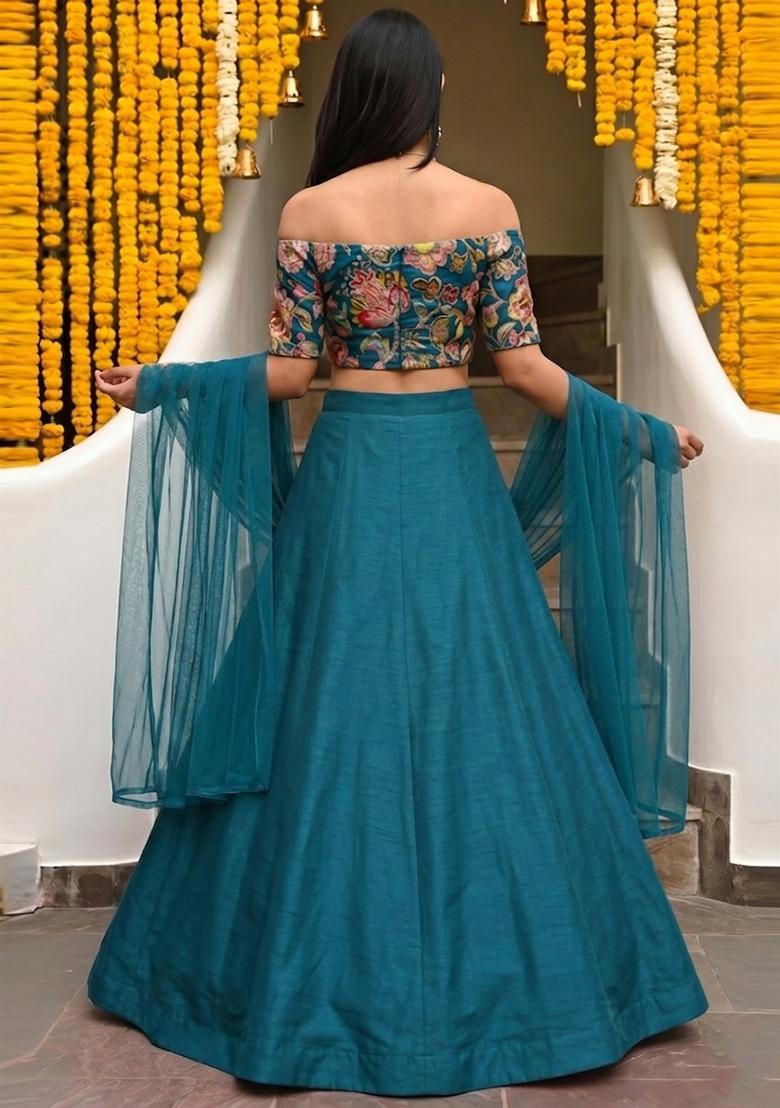 Teal Blue Printed Silk Blend Lehenga Set - Indya