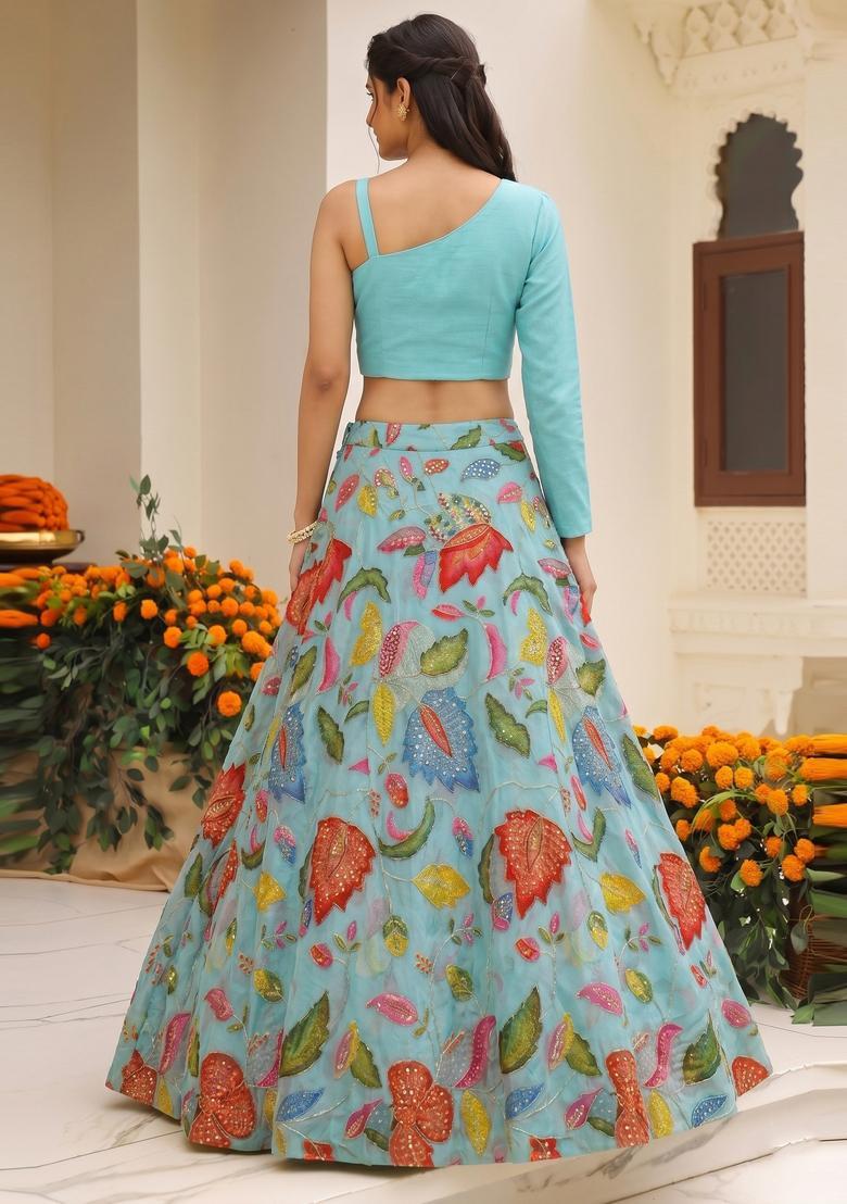 Sky Blue Solid Organza Lehenga Set - Indya