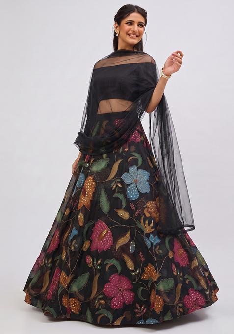 Black Solid Organza Lehenga Set