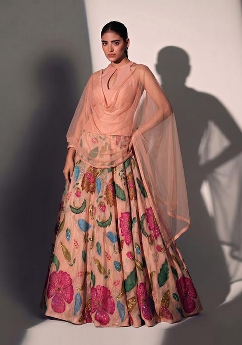 Peach Solid Organza Lehenga Set