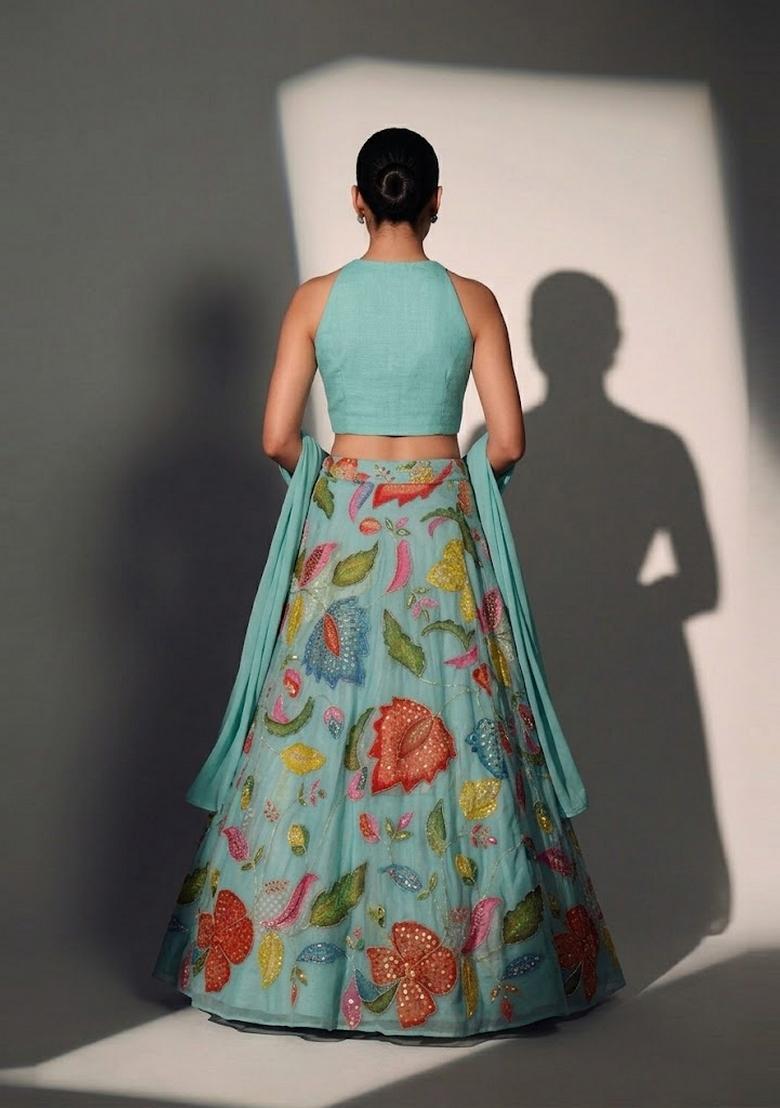 Dusty Blue Solid Organza Lehenga Set - Indya