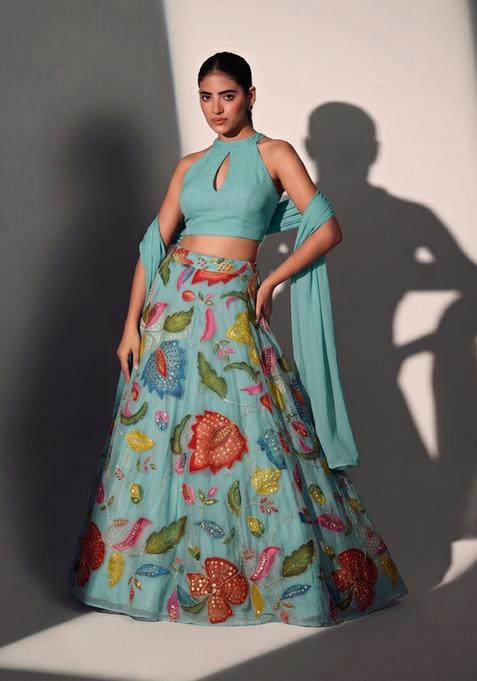 Dusty Blue Solid Organza Lehenga Set