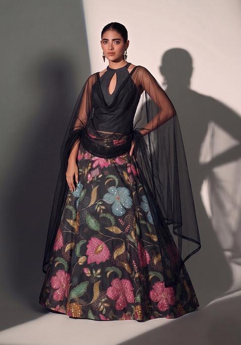Black Solid Organza Lehenga Set