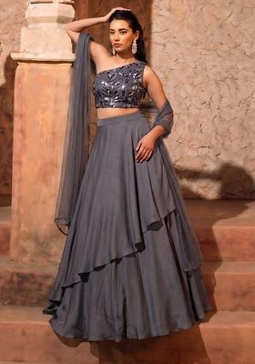 Charcoal Grey Mirror Net Lehenga Set