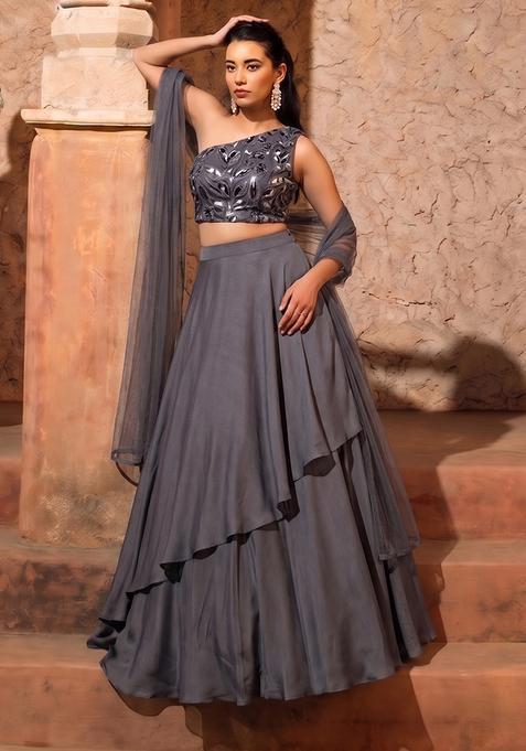 Charcoal Grey Mirror Net Lehenga Set