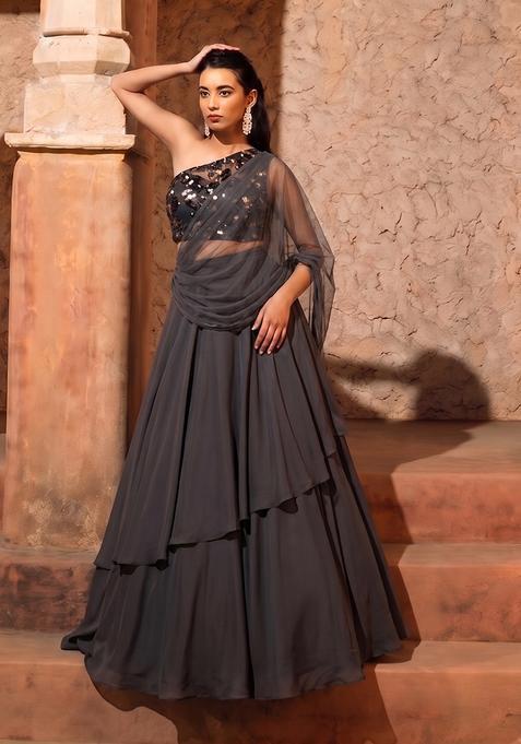Black Sequin Net Lehenga Set