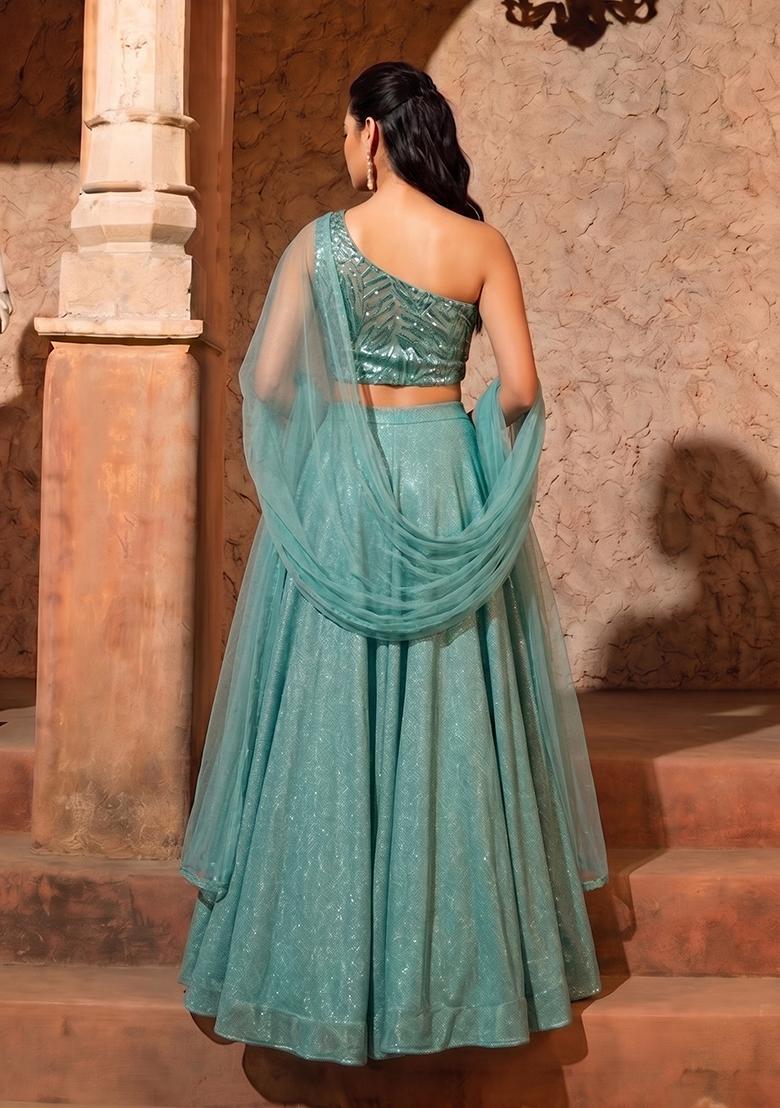 Mint Sequin Net Lehenga Set - Indya
