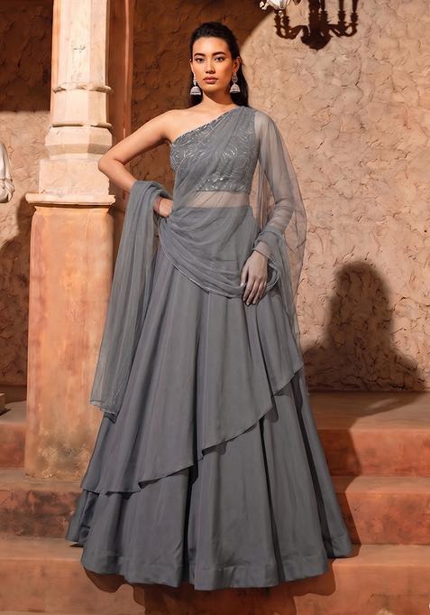 Charcoal Grey Embellished Net Lehenga Set