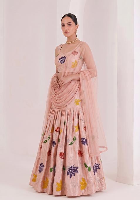 Peach Printed Tissue Lehenga Set