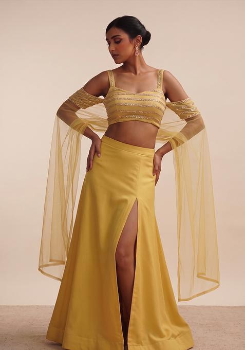 Mustard Yellow Sequin Silk Fusion Set